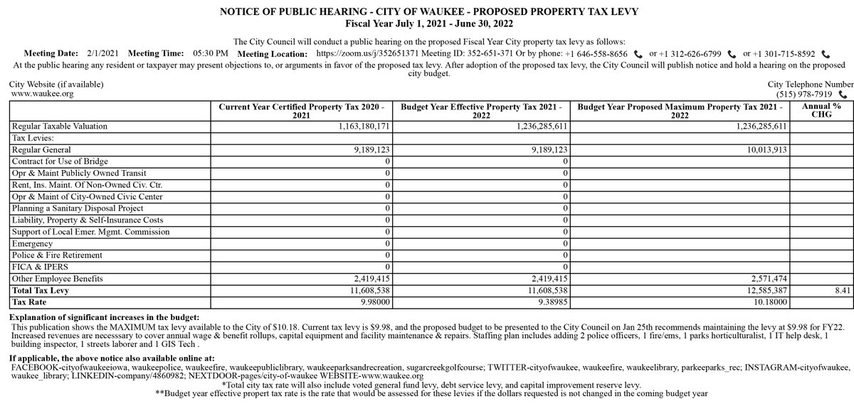 Per Iowa Code 384.15A, all cities are required to hold a public hearing &amp; post notice if proposed maximum property tax revenues for the upcoming budget year exceed 102% of the previous year’s tax revenues.

View the notice of this year's Feb. 1 hearing: bit.ly/35UJfiG.
