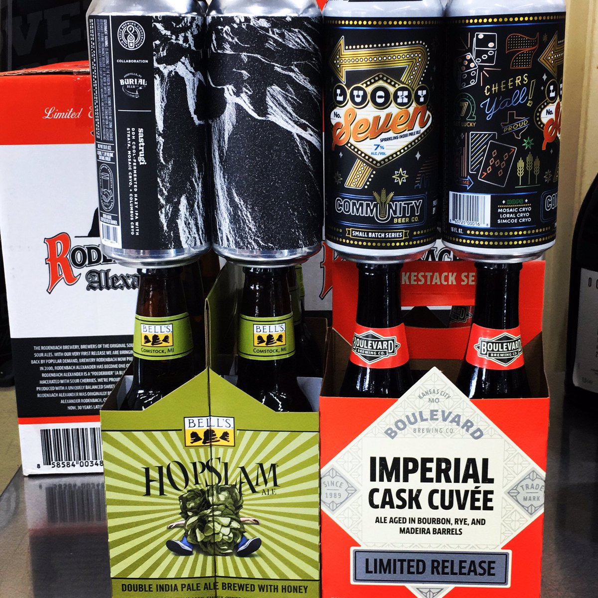 In now @fairstatecoop #collab @burialbeer #ddh #hazyipa @communitybeerco #sparklingipa @bellsbrewery #hopslam #dipa &amp; @boulevard_beer #imperialcaskcuvee #ale aged in #bourbon #rye &amp; #madeira barrels #sunrisebottleshop