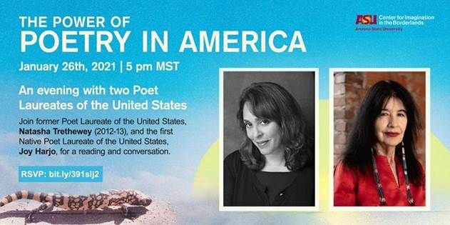 #Writers, join former #PoetLaureate #NatashaTrethewey and current Poet Laureate #JoyHarjo for 'The Power of Poetry in America: An evening with two Poet Laureates of the United States' on 1/26 @ 7 PM ET.

RSVP here. bit.ly/3igxCHC

@hostoshumanities
#poets #poetry #tutors