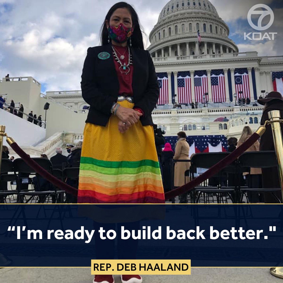 koat7news's tweet photo. Rep. Deb Haaland posted this picture on the steps of the U.S. Capitol Building awaiting the inauguration today. She's dressed traditionally, wearing Pueblo attire. #representationmatters https://t.co/uOR8QVRS6F