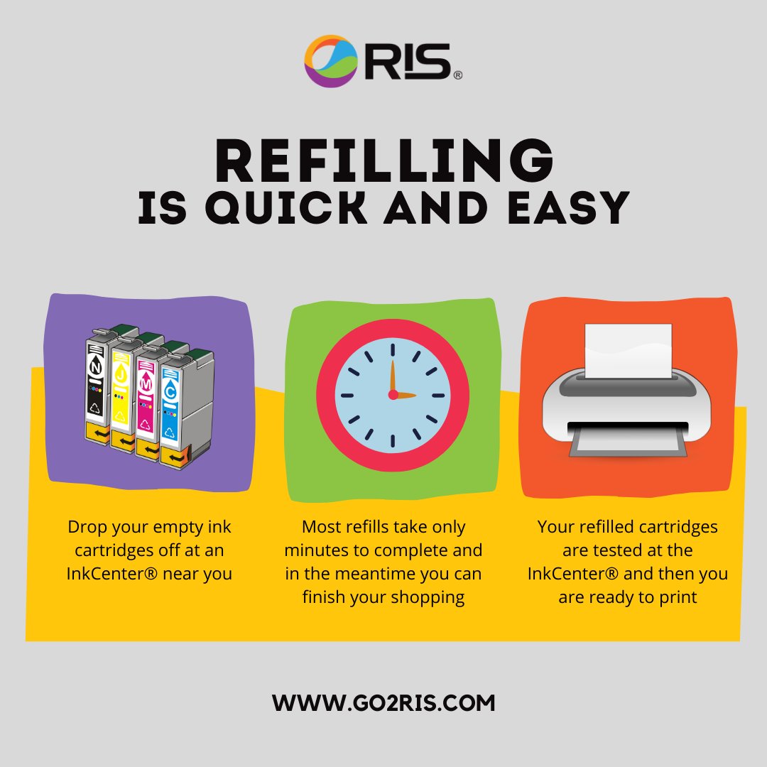 Did you know, that refilling an empty ink cartridge only takes minutes? The process is very easy, much like getting a refill at a coffee shop. Simply bring your empty ink cartridges to one of the participating retailers, where a trained operator will handle the rest for you. #RIS