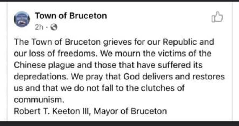 starlars6's tweet photo. What the Mayor of Bruceton TN thought was appropriate to post on the towns fb page!! Sickening!!!! https://t.co/YFXJfZVlVt