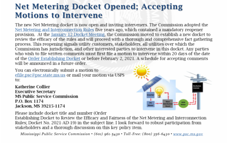SimonMahan's tweet photo. If you're interested in solar DG net metering in Mississippi, there's a docket open ya'll may want to intervene in! via @MPSCBrentBailey https://t.co/dwRo0rrhFw