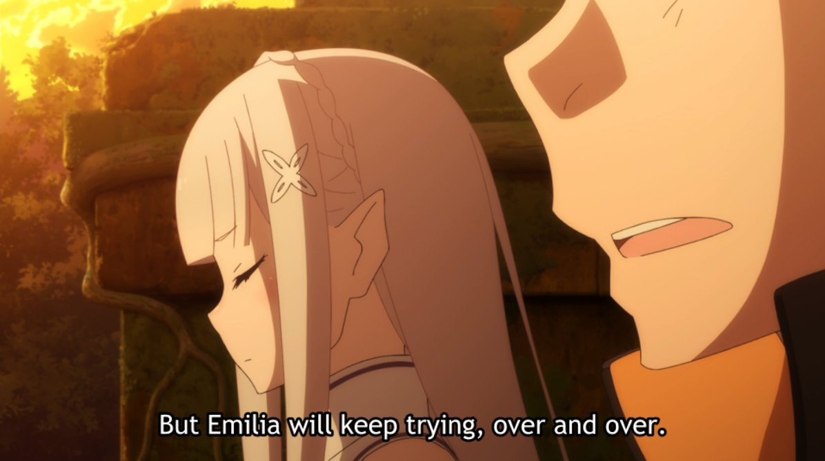 Emilia embodies the will to face one's fears head-on and keep moving, even if it means change is ahead. She's not afraid of inevitable change anymore (as she was 2 episodes ago), but embraces it.Garfiel, on the other hand, is all about stagnation & fear. https://twitter.com/Jaereku/status/1292230331014295556?s=20