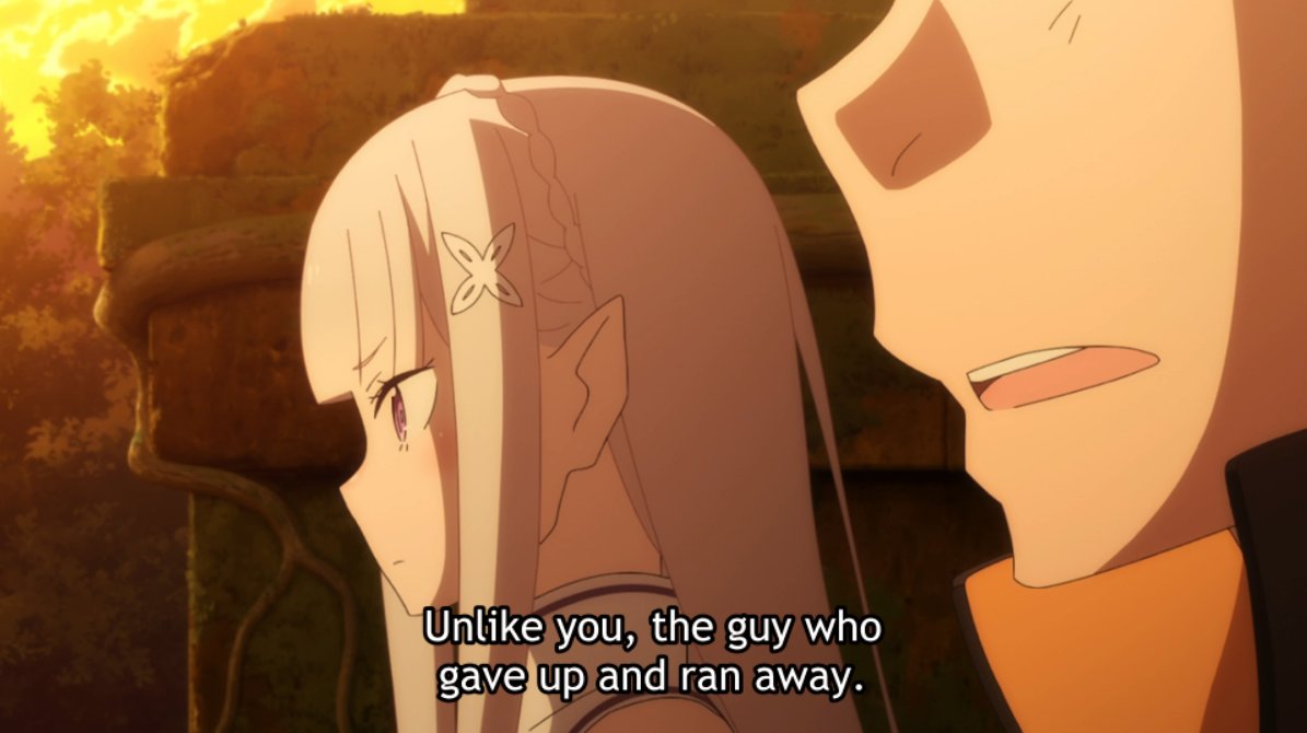 Emilia embodies the will to face one's fears head-on and keep moving, even if it means change is ahead. She's not afraid of inevitable change anymore (as she was 2 episodes ago), but embraces it.Garfiel, on the other hand, is all about stagnation & fear. https://twitter.com/Jaereku/status/1292230331014295556?s=20