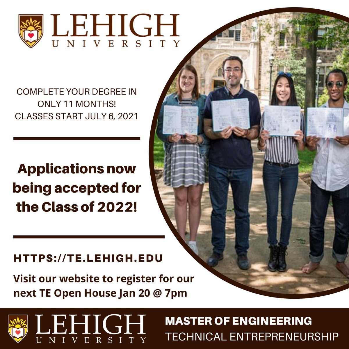 ProgramLehigh's tweet image. Thinking about a masters degree? Sign up for tonight's event to learn how you can earn your M.Eng. in TE Degree in just 11 months with our 30-credit program! 
Tonight, Wed., January 20, TE Open House @ 7:00pm EST.
Click here to register: lnkd.in/gQCbHMc
#entrpreneurship