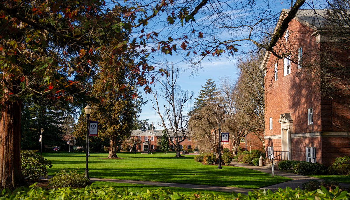 Green grass, multiple trees a three brick buildings