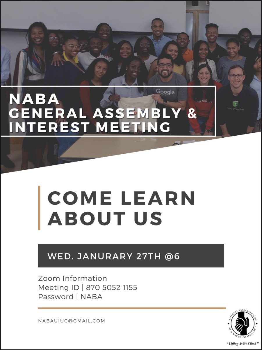 NABAUIUCChapter's tweet photo. Join us Wednesday January 27th to network with other members, and prepare to learn about professional opportunities and resources that can help you succeed during and after your college career 👩🏾‍🎓👨🏾‍🎓 https://t.co/KWU08ndoLQ