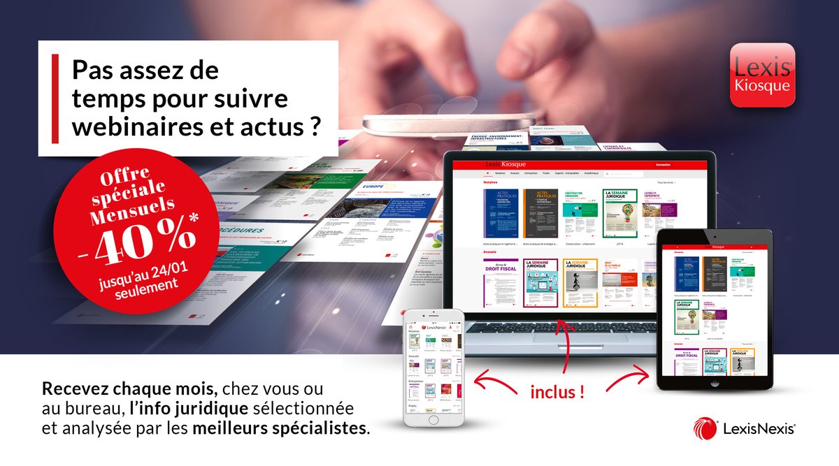 sdeulot's tweet photo. [OFFRE PRESSE] Lisez la presse juridique de référence, chez vous ou au bureau ! 16 mensuels spécialisés @LexisNexisFr à -40% jusqu'au 24 janvier seulement ! Version web, mobile, tablette disponible. #LexisKiosque 🚀Vite, rendez-vous ici pour en profiter  https://t.co/lE6g1IxpA6 https://t.co/Xfq4ivXdlZ