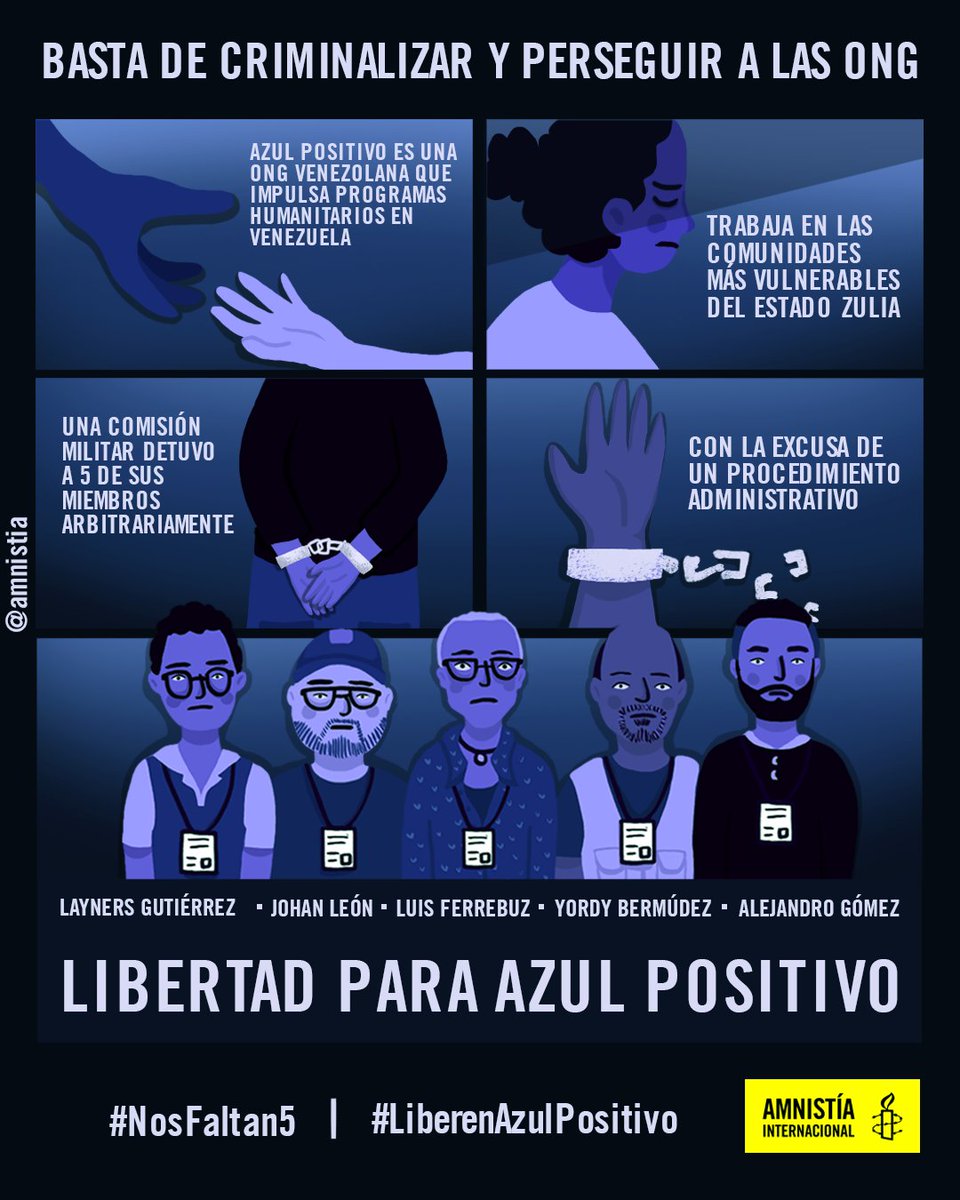 amnistia's tweet photo. Venezuela: Autoridades deben cesar la criminalización contra las organizaciones humanitarias y de #ddhh  

Exigimos libertad inmediata e incondicional para:

Johan León
Yordy Bermúdez
Layners Gutiérrez
Alejandro Gómez
Luis Ferrabuz

#LiberenAzulPositivo
#NosFaltan5
@AzulPositivo https://t.co/ktgfEVYJxJ