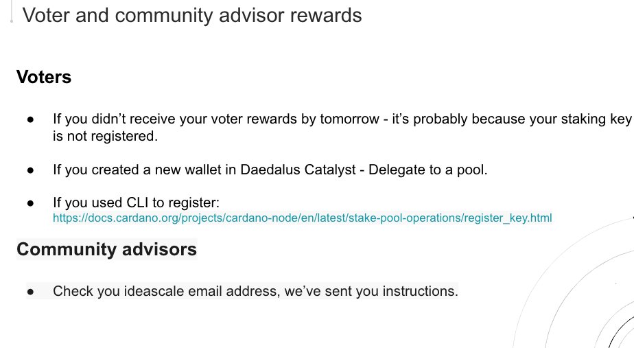 2/nVoting Rewards - getting out today Voters➣ It will not show in your voting app➣ Missing rewards? Need to register your staking key (see image) Community Advisors➣ check your e-mail if your payment address was missing