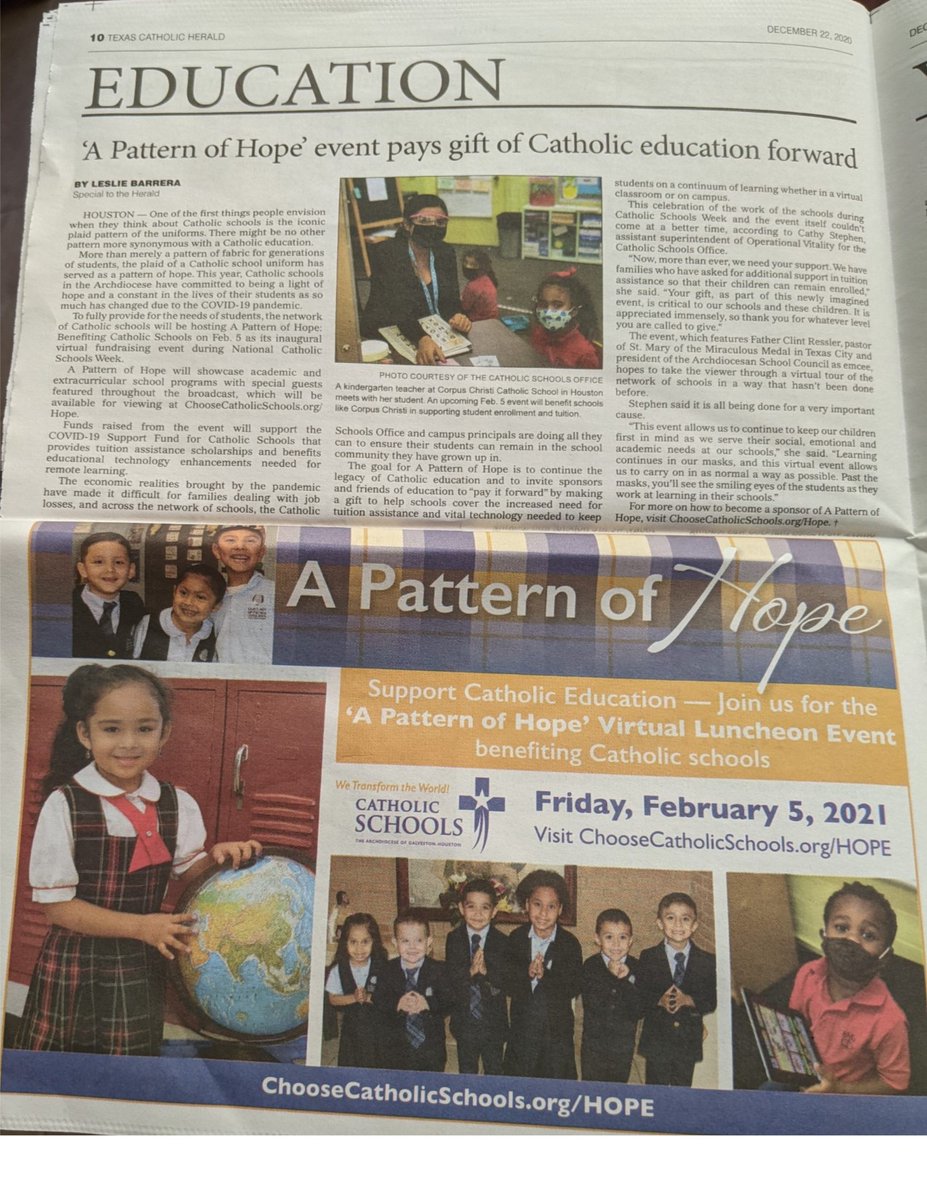 CorpusColts's tweet photo. Did you see CCCS in the #TexasCatholicHerald
CCCS was represented twice in an article promoting βA Pattern of Hope! Virtual Luncheon Event benefitting #Catholicschools @SuperArchGH @CatholicHerald @archgh #ChooseCatholicSchools #CSW21 https://t.co/OtdLjod7Q0