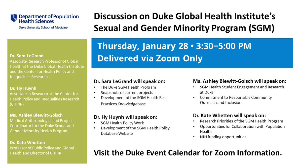 Duke Department of Population Health Sciences (@duke_pophealth) on Twitter photo This month's Population Health Research Seminar features <a href="/DukeGHI/">Duke Global Health</a> experts who will discuss their Sexual and Gender Minority Program. Join us Jan. 28 at 3:30! Add to calendar and get zoom info. bit.ly/3p3IScX <a href="/DukeMedSchool/">Duke University School of Medicine</a> #publichealth This month's Population Health Research Seminar features <a href="/DukeGHI/">Duke Global Health</a> experts who will discuss their Sexual and Gender Minority Program. Join us Jan. 28 at 3:30! Add to calendar and get zoom info. bit.ly/3p3IScX <a href="/DukeMedSchool/">Duke University School of Medicine</a> #publichealth