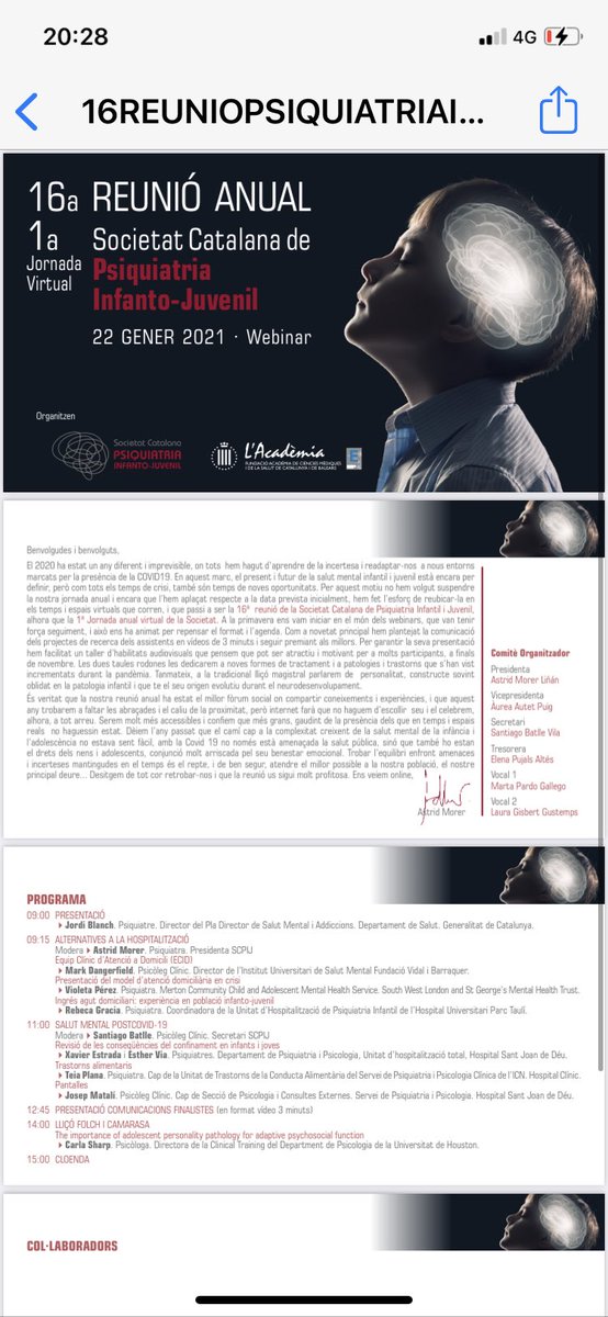 El proper divendres 22 de gener Reunió Anual de la Societat Catalana de Psiquiatria Infantil , primera on-line amb novetats interesants . Encara podeu fer la inscripció #jornadaanual #salutmentalinfantil