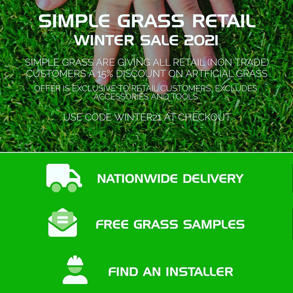 simplegrassltd's tweet photo. ๐Winter Sale๐
15% OFF all Artificial Grass ordered on our website.
*Enter Code WINTER21
https://t.co/1e2wF6eRZq
Offer runs until 2nd February!
#simplegrass #artificialgrass #wintersale #2021 #sale #onlinesale https://t.co/Jwu7nTB40Q