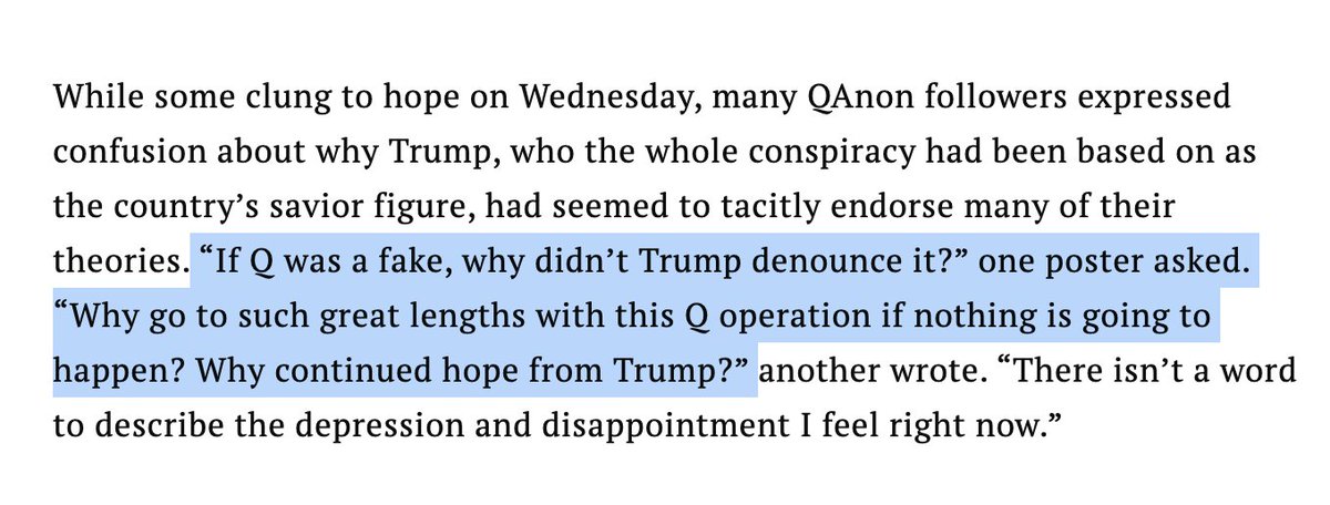 Many QAnon followers expressing confusion about why Trump, who the whole conspiracy had been based on as the country’s savior figure, had seemed to tacitly endorse many of their theories. More here:  https://time.com/5930806/inauguration-live-joe-biden/