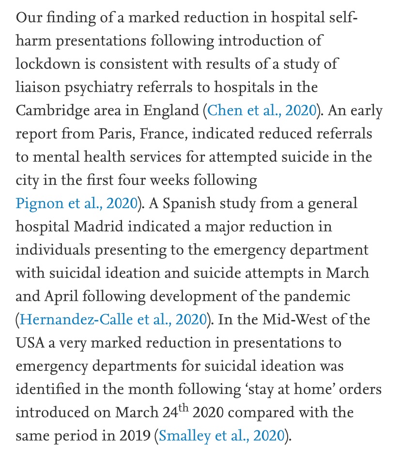 ‘Self-harm during the early period of the COVID-19 pandemic in England........... .... a substantial decline in hospital presentations for self-harm occurred during the three months following the introduction of lockdown restrictions’ https://www.sciencedirect.com/science/article/pii/S0165032721000288