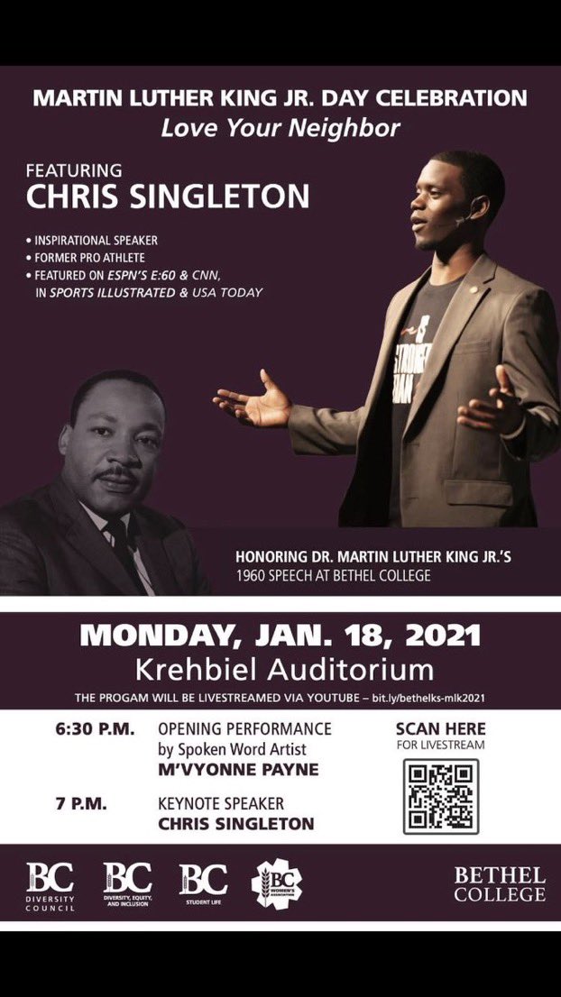 Bethel College SGA (@bethel_sga) on Twitter photo If you missed out on hearing Chris Singleton’s powerful message on Monday, go to YouTube and watch it now! Thanks <a href="/BCDivCo/">Bethel College Diversity Council</a> for the amazing MLK Day celebration. youtu.be/MyTTUVowy6o If you missed out on hearing Chris Singleton’s powerful message on Monday, go to YouTube and watch it now! Thanks <a href="/BCDivCo/">Bethel College Diversity Council</a> for the amazing MLK Day celebration. youtu.be/MyTTUVowy6o