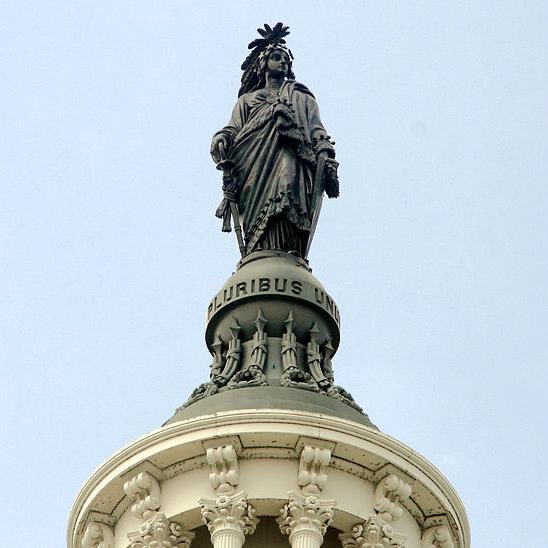 First, the Capitol itself - some think the Statue of Freedom, the highest point on DC's skyline, faces east to greet immigrants arriving from Europe through the 1800s. Fitting, then, that she was designed by Thomas Crawford, the son of Irish immigrants. 2/8