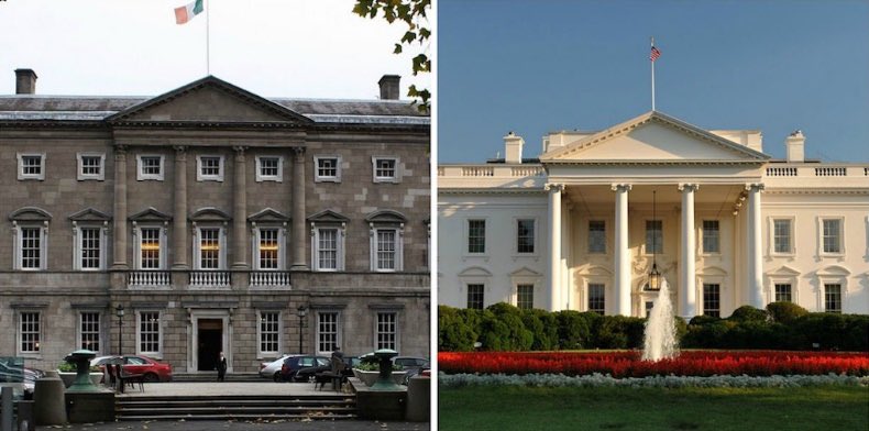 Returning to DC, the President's new home is familiar to Irish eyes from more than the West Wing. It was designed by Kilkenny architect James Hoban & modeled on  #LeinsterHouse, where our Parliament sits. So when our Taoiseach  @MichealMartinTD visits, he'll feel right at home. 7/8