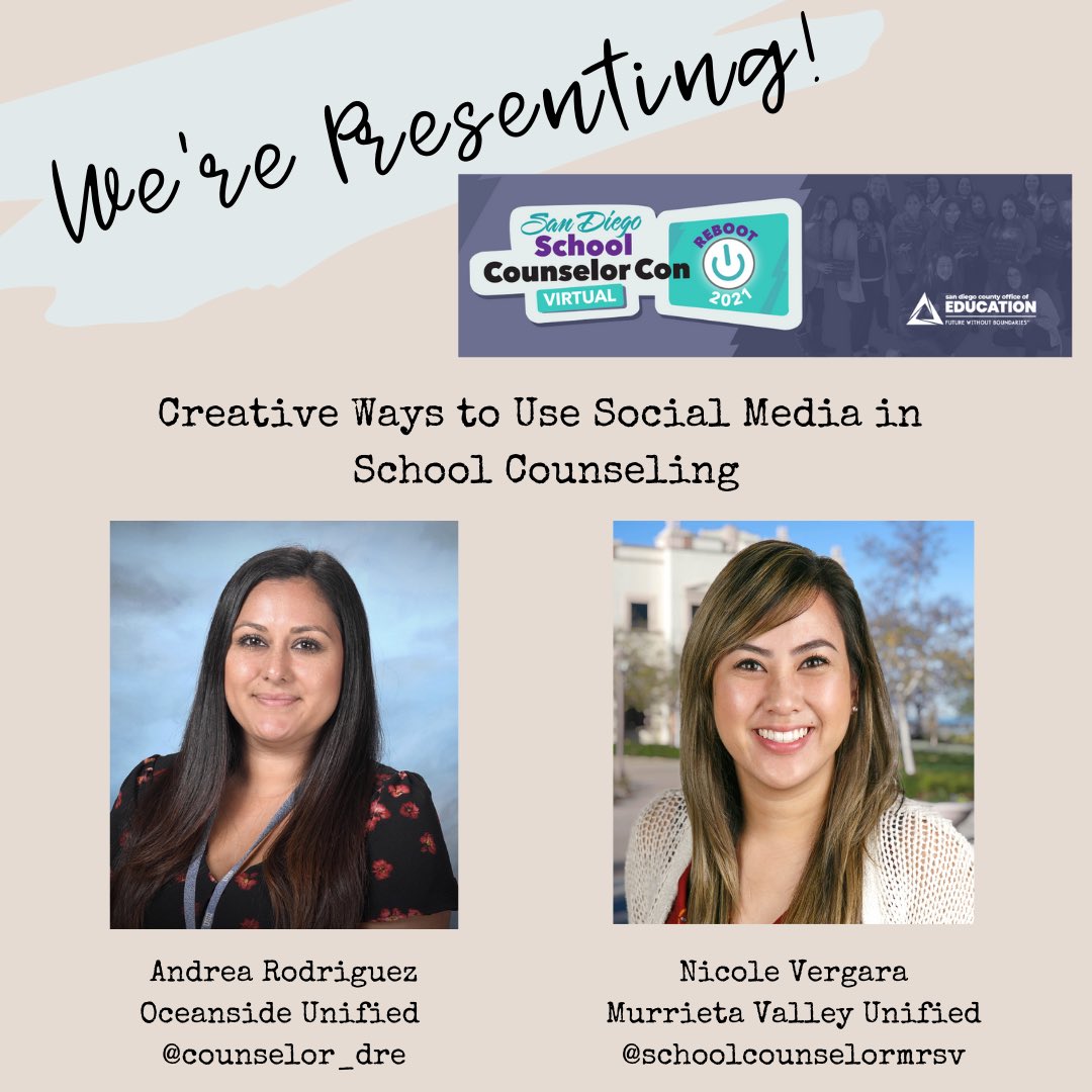 It’s happening! So excited and (very) nervous to present with my friend <a href="/Counselor_Dre/">Andrea Rodriguez</a> at this year’s virtual SD School Counselor Con! 😇 #schoolcounselor