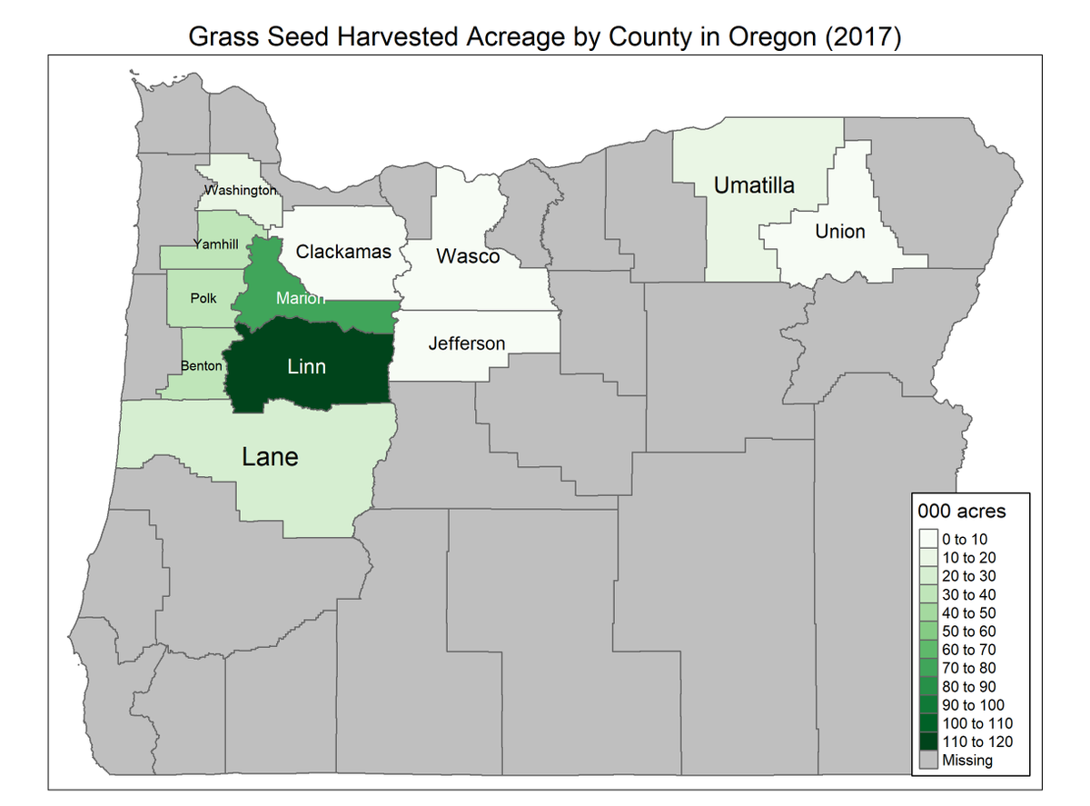 5. The only counties with more than 15,000 acres of grass for seed were in the Willamette Valley. The highest-acreage counties were Linn with 118,000 and Marion with 74,000.