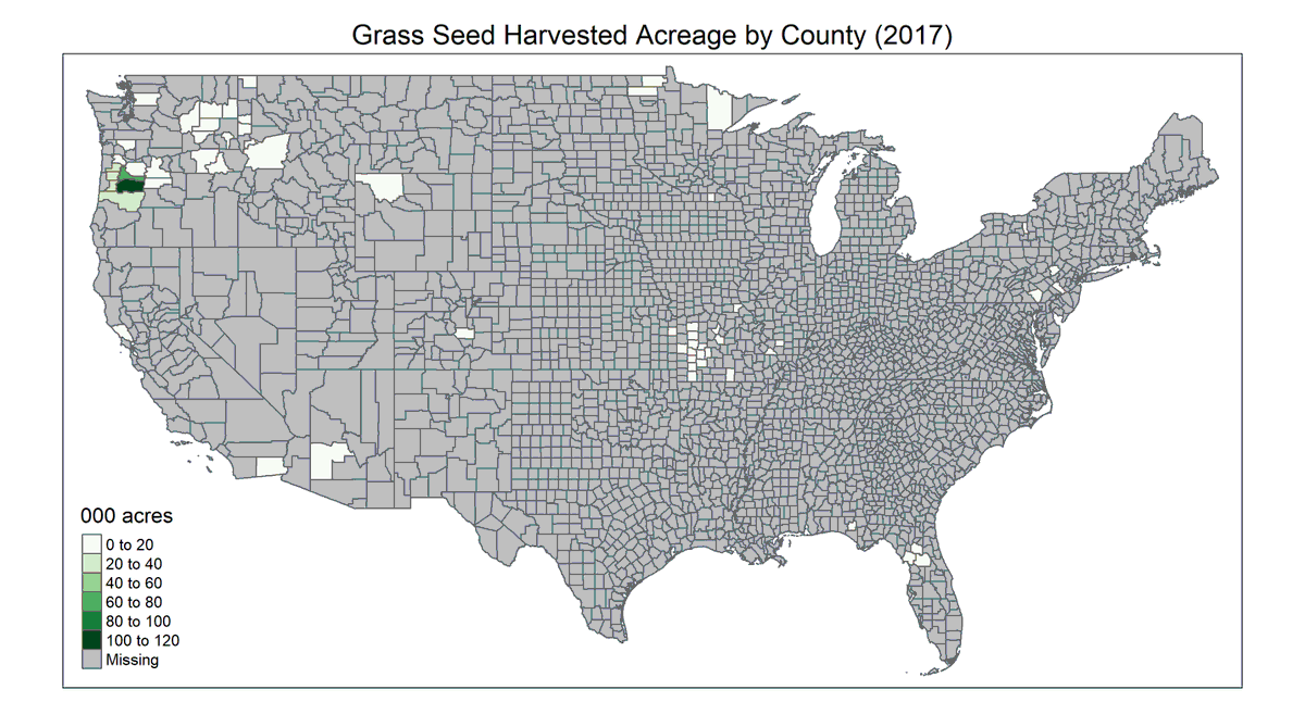 5. The only counties with more than 15,000 acres of grass for seed were in the Willamette Valley. The highest-acreage counties were Linn with 118,000 and Marion with 74,000.