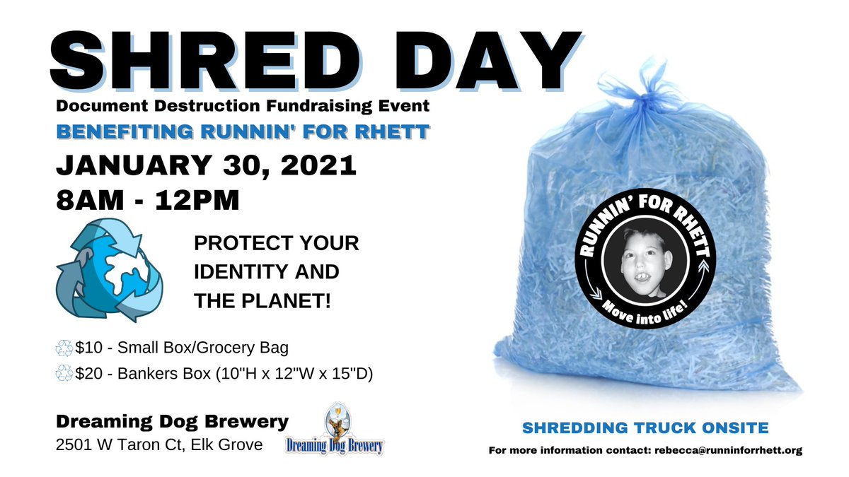 Have documents you need to shred? Mark your calendar and bring them out to our shred event on Saturday, January 30!  We'll have a shredding truck ONSITE! $10 for small box/grocery bag, and $20 for regular bankers box. #ShredForGood #GoRhett