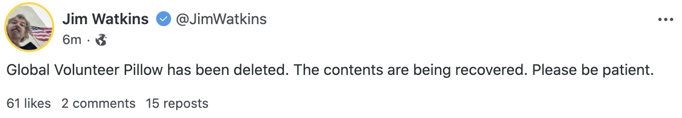 What happened on "/qresearch/" is apparently being reversed. The owner of 8kun, Jim Watkins, wrote that the deleted content on the message board will come back.  https://twitter.com/Shayan86/status/1352053328566489092