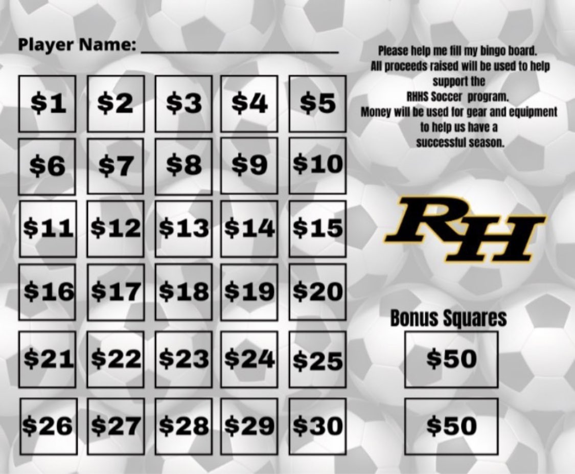 &amp; BINGO was his name-o! 
Help support our RHHS ⚽️ Program by playing!
Venmo name: rhhs-soccerboosters w/ player 🏃🏽‍♀️🏃🏾‍♂️or coach’s 😏 name in the comment section 🙏🏽🖤💛🤍 
#RHHSSoccer #LadyWildcatsSoccer #BTH #WEareRH #BetterTogether <a href="/kelly_and_math/">Kelly Anderson</a> @RustyHeintz <a href="/CoachFlan10/">Robbie Flanders</a>