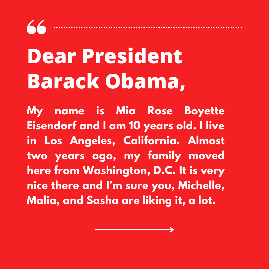 826LA's tweet photo. #Throwback #StudentWritingWednesday ✍️
In the spirit of today’s presidential inauguration, we dug up a letter written by 826 student Mia to Barack Obama when he was first appointed president in 2009 💌 https://t.co/ScQP3U4XoD