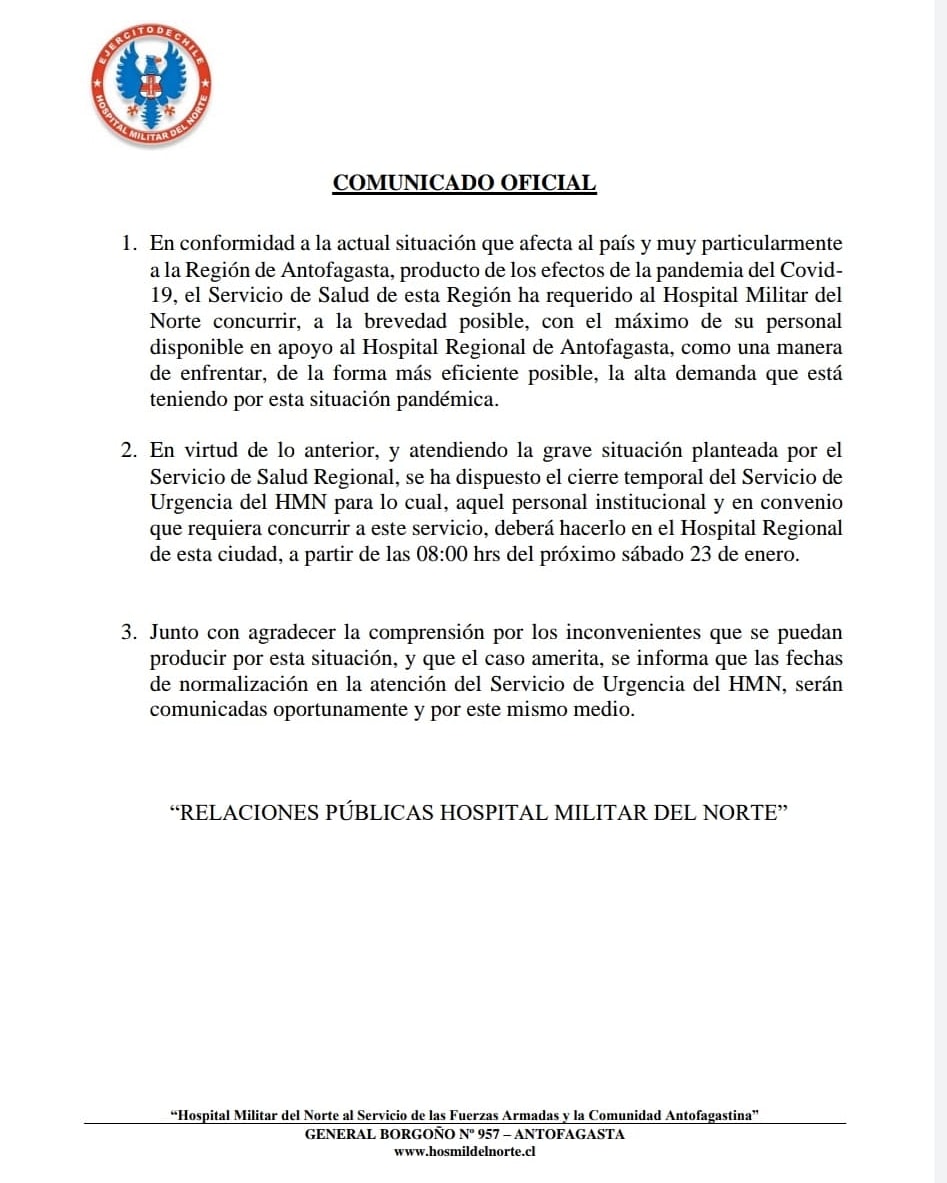 RadioAftaOnline's tweet photo. 🔴ÚLTIMO MINUTO🔴

 URGENCIA DEL HOSPITAL MILITAR NORTE CIERRA SUS PUERTAS DADO QUE SU PERSONAL IRÁ COMO APOYO AL HOSPITAL REGIONAL DE #ANTOFAGASTA https://t.co/p5bJb0IIle