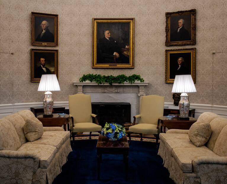 Reflecting his philosophy, President’s Oval Office features portraits of Washington, Lincoln, Jefferson, Hamilton - and most prominently of all, FDR. Fun fact: Current location of the Oval dates to 1933, when Roosevelt had it moved so he could access it easier in his wheelchair