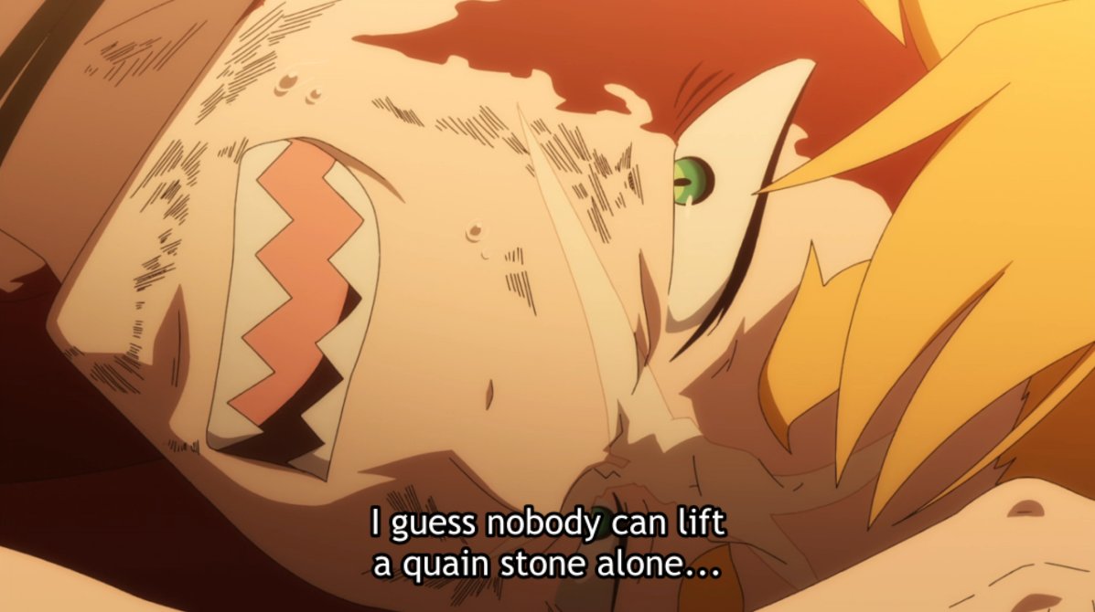 "Nobody can lift a quain stone alone", in a Garfiel-ish fashion, embodies a core idea of this arc—which explores the dangers of excessive self-reliance (Subaru) & over-reliance (Emilia).Subaru brought everyone together, each with their own personal resolve, in a healthy way.