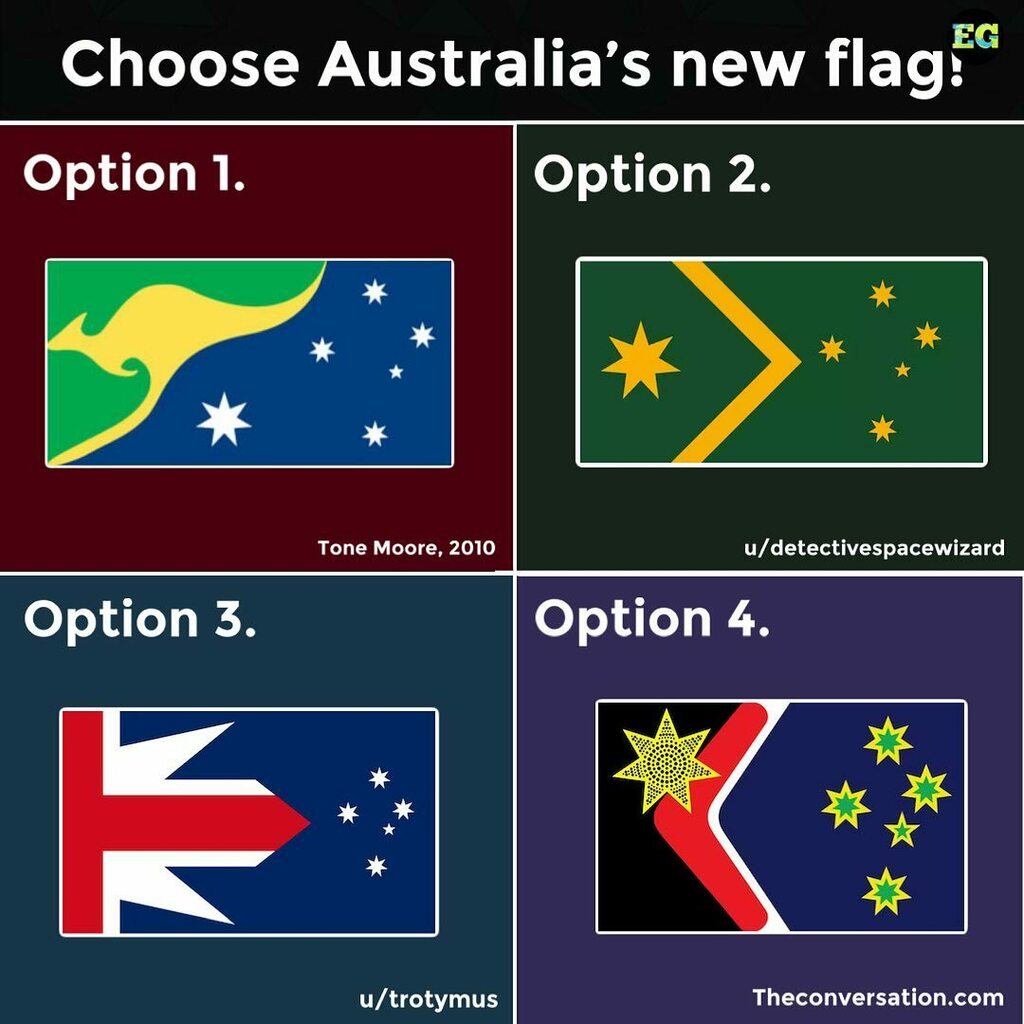 everythinggeog1's tweet photo. If you had to pick a new flag for Australia out of these 4, which would you pick??? 🇦🇺 https://t.co/nENMdZfxIq https://t.co/PS3KvIHSFK
