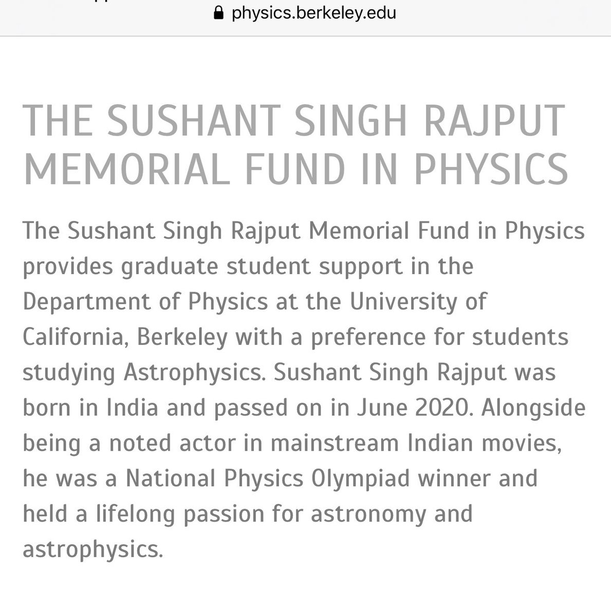 I am happy to announce that on 35th Birthday of Bhai, a step has been taken towards fulfilling one of his dreams. The Sushant Singh Rajput Memorial Fund of $35,000 has been set up in UC Berkeley. #SushantDay