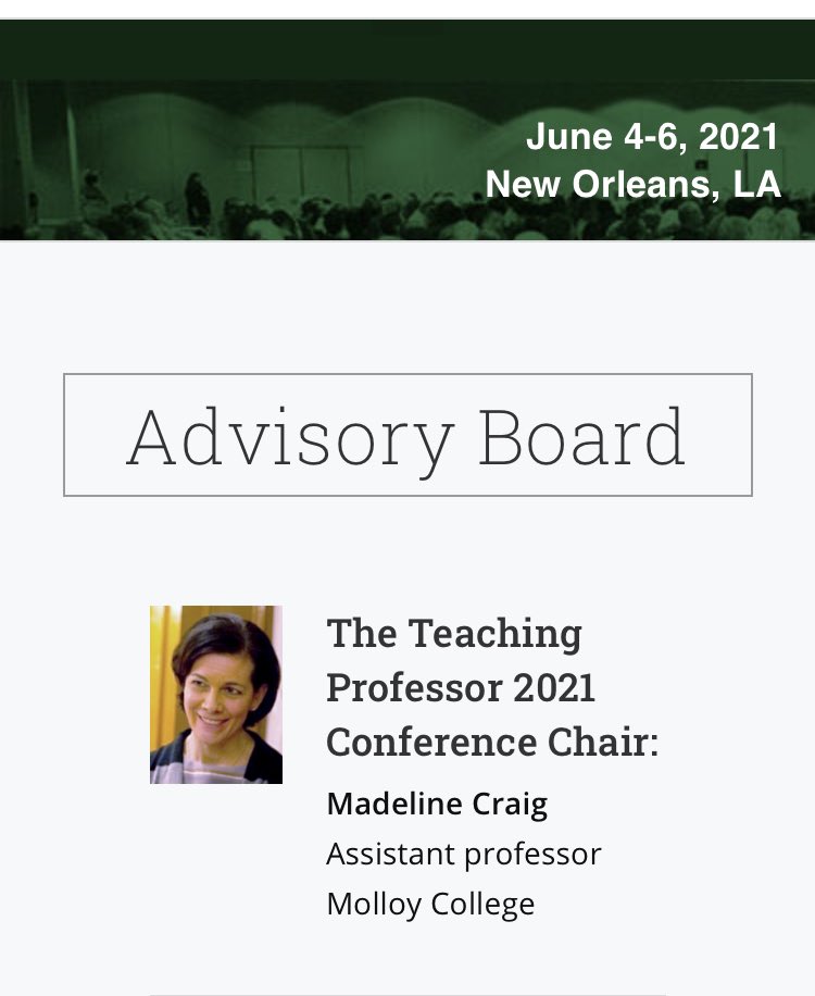 Wow! Congratulations to my dear friend and partner in crime <a href="/madcraig/">Madeline Craig</a> -Chairperson of the 2021 Teaching Professor Conference! @Joannemob <a href="/audra_cerruto/">audra cerruto</a> @MolloyCollege