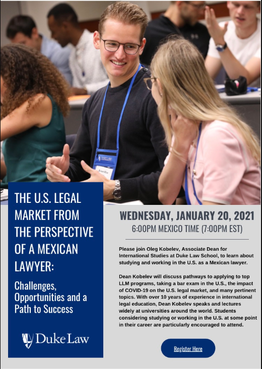 ITAM_mx's tweet photo. 📅 Hoy 📅 | #DerechoITAM, #ITAMexchange y @DukeLaw te invitan a conocer los pasos para aplicar a los programas de #LLM, presentar el bar exam y a conocer el impacto del #covid en el mercado legal de EUA. @sofiacharvel
⏰ 18.00 h
Registro: https://t.co/pLTd4sedPu https://t.co/up812mcwsG