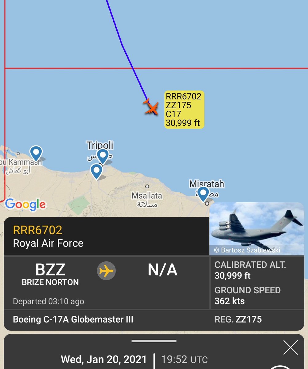 ⚠️A rare Royal Air Force C-17A Globemaster III flight from 🇬🇧RAF Brize Norton to 🇱🇾#Misrata, #Libya today?

ZZ175 #RRR6702