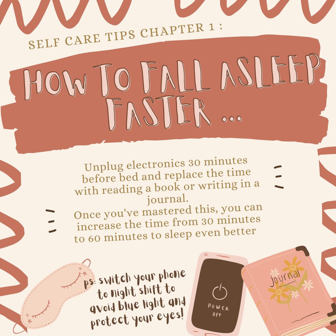 stoneycouncil's tweet photo. Having trouble falling asleep? How you spend your time before you go to bed can affect how well you sleep. Here are some tips to help you fall asleep faster presented by our self care board! https://t.co/17v5J5Tr3l