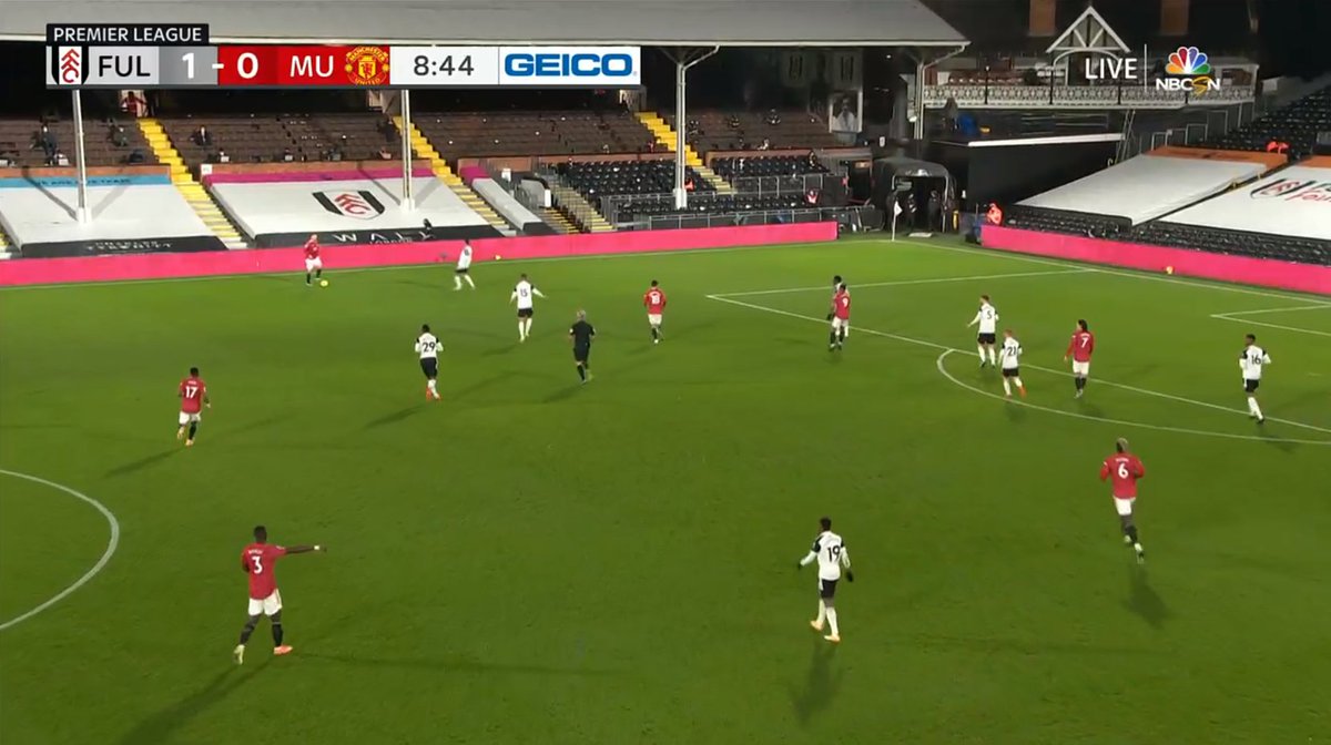 As the early stages progress, Luke Shaw is always an option out wide never sitting back and always having his body in an open position to approach the game. In this instance, he is able to play a ball through the lines.