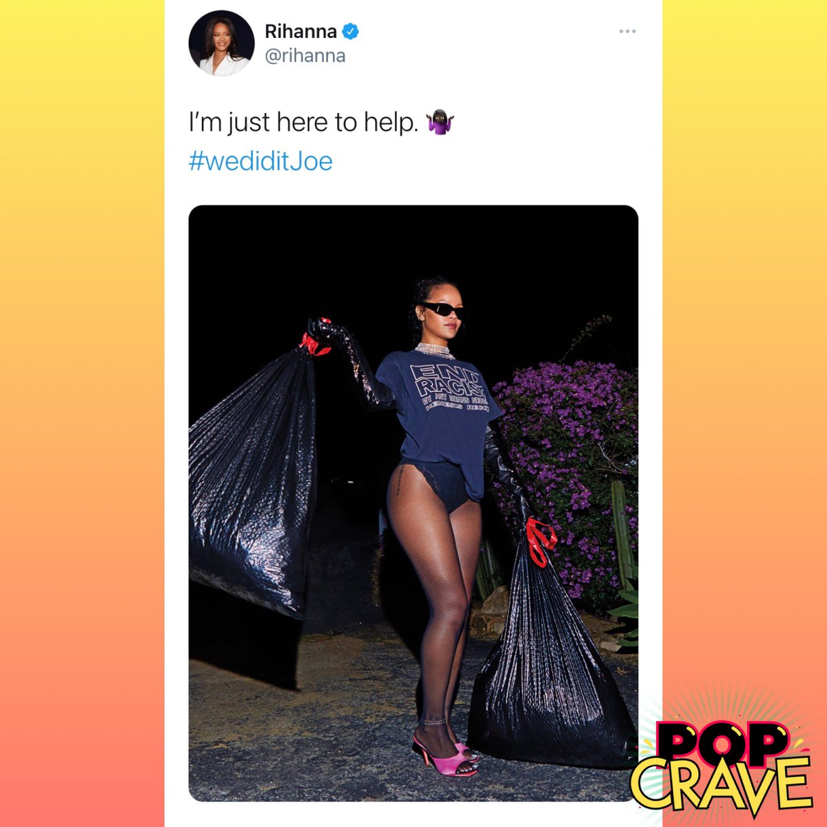 .@Rihanna celebrates the end of the Trump presidency with photo taking out the trash:

“#WeDidItJoe”