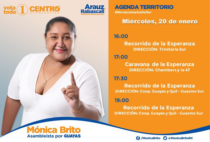 MonicaBritoRC's tweet photo. #RevolucionariosDelSur | Esta tarde activaremos los #RecorridosDeLaEsperanza en Trinitaria y Guasmos.
La #CaravanaDeLaEsperanza estará en suburbio de Gye, en chembers y la 47.

Súmate a nuestras actividades y participa con nosotros en la recuperación de la Patria.

#VotaTodo1☝🏽🧡 https://t.co/MJNdWaewPK