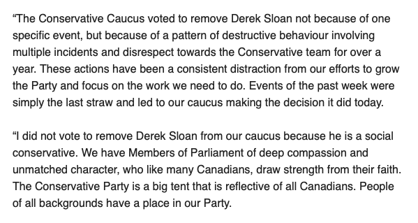 In a statement, Conservative leader Erin O'Toole says he voted to remove Derek Sloan because of a "pattern of destructive behaviour involving multiple incidents and disrespect towards the Conservative team for over a year" and not because Sloan is a social conservative.
