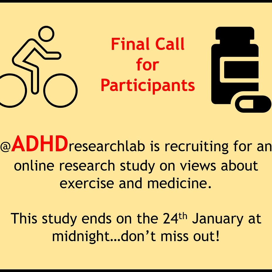 FOUR more days to join in with our research. We are looking for adults in the UK with #ADHD to tell us about whether you'd find #exercise a feasible treatment for ADHD. Short anonymous online survey and you can win vouchers!