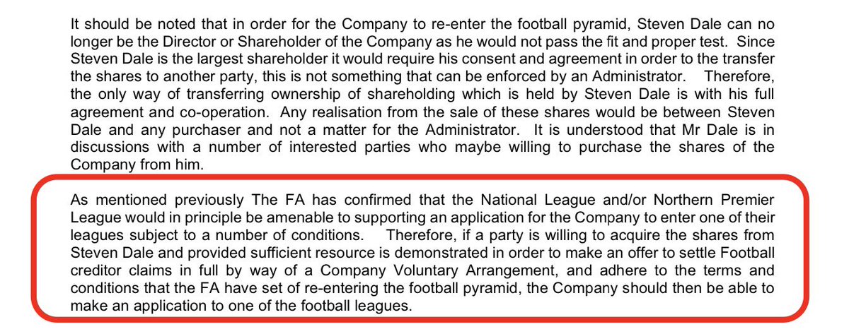 The 62 page  #BuryFC administrator’s report mysteriously popped into my possession earlier. Some intriguing snippets. FA and NL have said *could* rejoin the pyramid but not with Steve Dale as a director as he fails the owner and wankpuffin test.