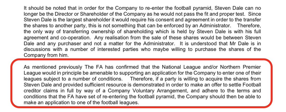 The 62 page  #BuryFC administrator’s report mysteriously popped into my possession earlier. Some intriguing snippets. FA and NL have said *could* rejoin the pyramid but not with Steve Dale as a director as he fails the owner and wankpuffin test.