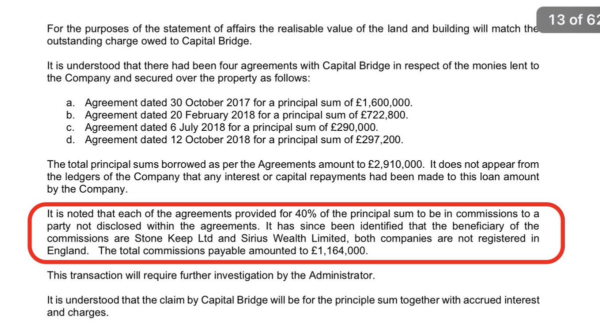 Bury borrowed £2.9m from Capital Bridge Finance Solutions (now in administration) but someone took a 40% commission which has ended up in companies not in the UK.