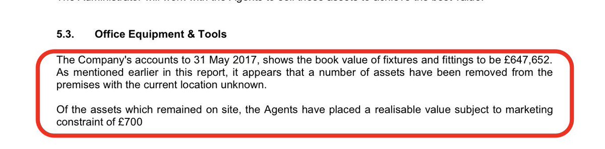More evidence of assets being removed from the premises prior to administrator being appointed.