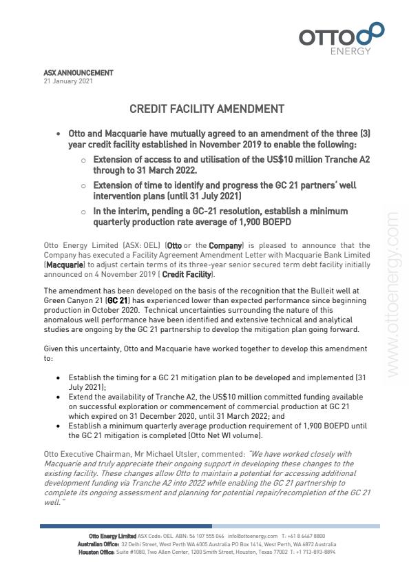 Otto Energy Ltd Twitter: "Credit Facility Amendment $OEL - https://t.co/RyFEjLd4Wq / Twitter